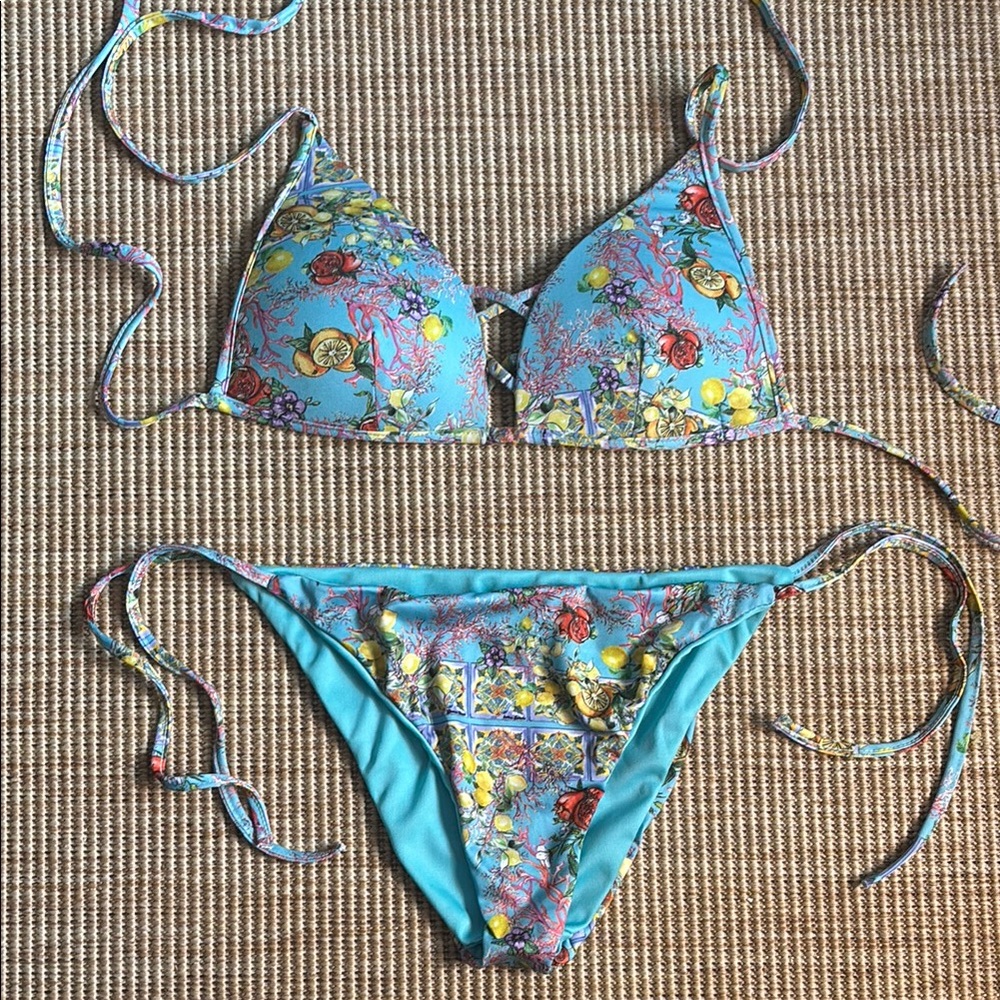 Antica Sartoria Positano Floral Fruits Blue Bikini Set